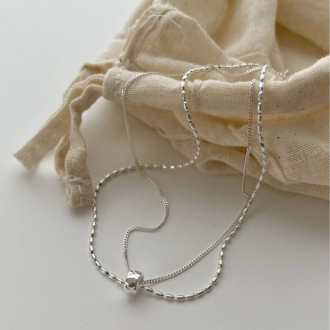 Collana a Doppio Strato in Argento Sterling 925 per Donna Ciondolo Cilindrico Geometrico Catena a Sfere Motivo a Rombi Gioielli