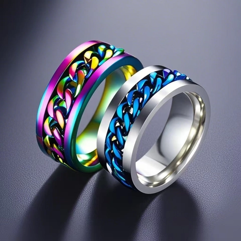 Anillo Spinner de Acero Inoxidable Para Hombre Mujer Cadena Giratoria Alivio del Estrés Oro Plata Negro Azul Números Romanos Runas Vikingas Joyería