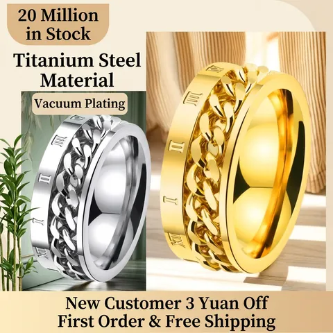 Stainless Steel Rotating Spinner Ring With Cuban Chain And Roman Numerals Punk Hip Hop Band For Men Women Fashion Jewelry