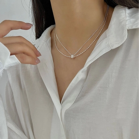 Collana a Doppio Strato in Argento Sterling 925 per Donna Ciondolo Cilindrico Geometrico Catena a Sfere Motivo a Rombi Gioielli