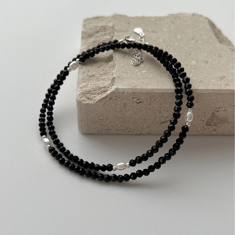 Collana di Perline in Argento Sterling 925 Spinello Nero per Donna Stile Coreano Ins Perla Artificiale Collana Girocollo a Strati Gioielli