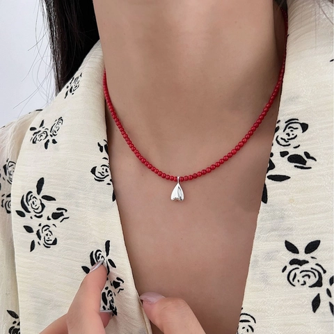 Collar Con Colgante de Corazón de Plata de Ley 925 Con Cuentas de Coral Artificial Rojo Joyas Elegantes de Cuentas para Mujer Diario