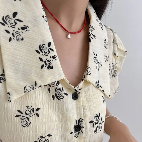 Collar Con Colgante de Corazón de Plata de Ley 925 Con Cuentas de Coral Artificial Rojo Joyas Elegantes de Cuentas para Mujer Diario