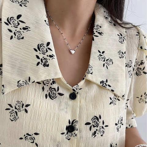 S925 Sterling Silver Heart Necklace For Women Korean Style Black Enamel Beaded Clavicle Chain Jewelry Pendant Gift