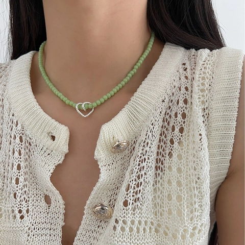 S925 Sterling Silver Heart Beaded Necklace For Women Korean Style Handmade Hollow Love Heart Pendant Green Blue Beads Choker Jewelry