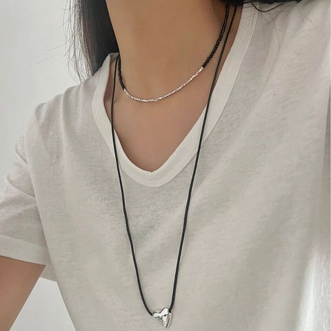 Collana in Argento Sterling 925 con Perline di Spinello Nero da Donna Stile Coreano Minimalista Catena a Doppio Strato Gioielli