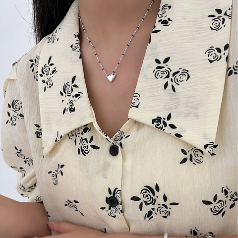 S925 Sterling Silver Heart Necklace For Women Korean Style Black Enamel Beaded Clavicle Chain Jewelry Pendant Gift