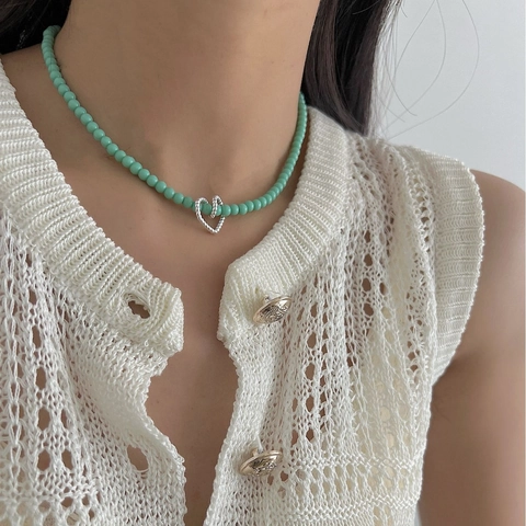 S925 Sterling Silver Heart Beaded Necklace For Women Korean Style Handmade Hollow Love Heart Pendant Green Blue Beads Choker Jewelry