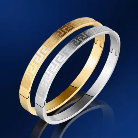 Brazalete de Acero Inoxidable para Mujer Patrón de Greca Vintage Meandro Ovalado Cierre de Bisagra Joyería Oro Acero