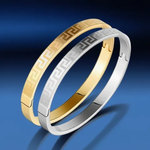 Brazalete de Acero Inoxidable con Meandro Griego para Mujer Chapado en Oro Plata Cierre de Bisagra Ovalado Geométrico Joyería de Moda