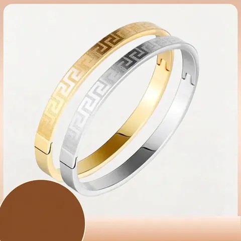 Brazalete de Acero Inoxidable con Meandro Griego para Mujer Chapado en Oro Plata Cierre de Bisagra Ovalado Geométrico Joyería de Moda