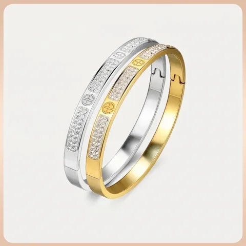 Exquisite Stainless Steel Pave Rhinestone Bangle Bracelet For Women Geometric Heart Clover Cross Pattern Gold Silver Fashion Jewelry