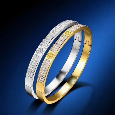 Brazalete de Acero Inoxidable con Strass Moda Oro Plata Chapado Cruz Corazón Trébol Incrustado Joyería para Mujer