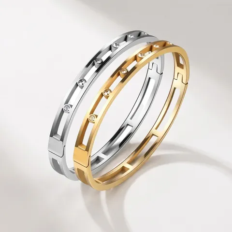 Fashion Stainless Steel Hollow Out Rhinestone Bangle For Women Luxury H Letter Geometric Bracelet Jewelry Accessory