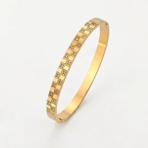 Bracciale Rigido in Acciaio Inossidabile a Scacchiera Larga Moda Occidentale con Doppia Fila di Strass Intarsiati per Donna Gioielli