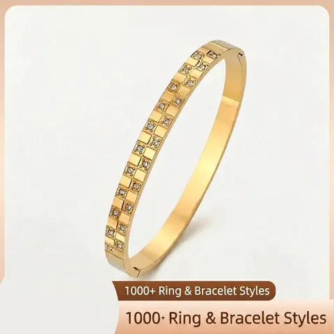 Bracciale Rigido a Cerniera in Acciaio Inossidabile con Strass a Doppia Fila per Uomo Donna Hip Hop Motivo a Scacchiera Gioielli