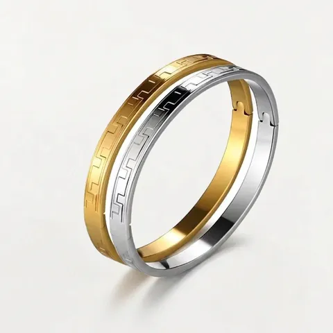 Men's Stainless Steel Bangle Bracelet With Greek Key Pattern Engraved Geometric Meander Gold Silver Fashion Jewelry Wristband