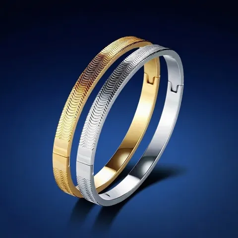 Men Stainless Steel Wave Texture Bangle Personalized Geometric Oval Hinged Cuff Bracelet Fashion Jewelry Gold Silver