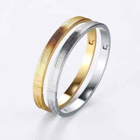Western Stainless Steel Men's Hinged Bangle Wavy Fish Scale Texture Geometric Fashion Minimalist Jewelry Gold Silver Color