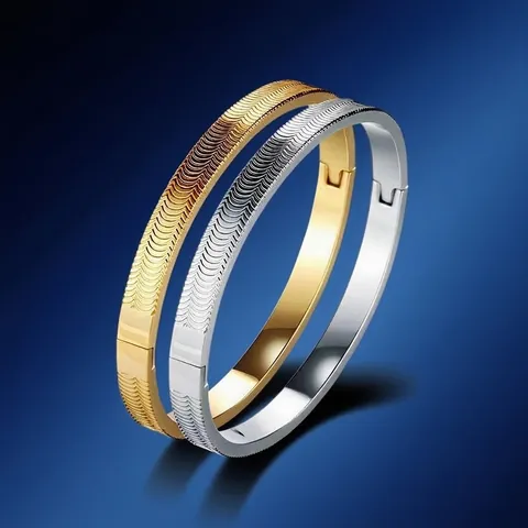 Western Stainless Steel Men's Hinged Bangle Wavy Fish Scale Texture Geometric Fashion Minimalist Jewelry Gold Silver Color