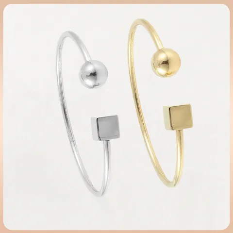 Brazalete Abierto de Acero Inoxidable Moderno para Mujer Oro Plata Esfera Cubo Geométrico Joyería Accesorios de Mano Regalo