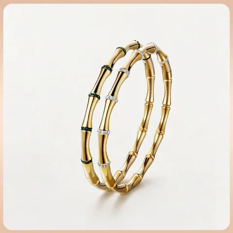 Minimalist Stainless Steel Bamboo Joint Bangle For Women Gold Plated Rhinestone Inlaid Clasp Hinged Cuff Jewelry Gift