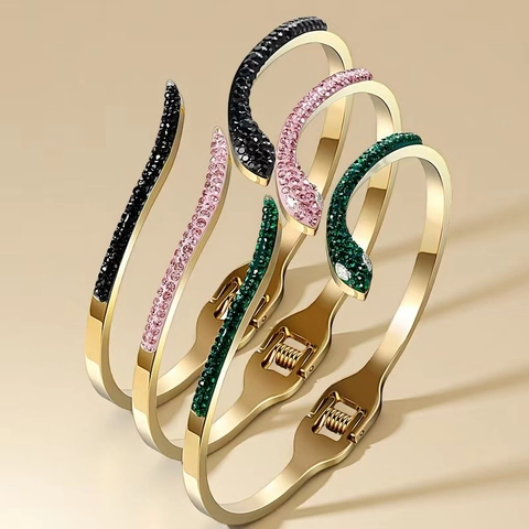 Stainless Steel Snake Shaped Bangle For Women Luxury Rhinestone Inlaid Open Wrap Bracelet Individual Fashion Jewelry Gift
