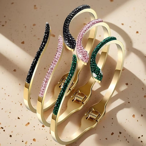 Vintage Luxurious Stainless Steel Snake Bangle For Women Electroplated Rhinestone Inlaid Open Bracelet Fashion Jewelry Gift