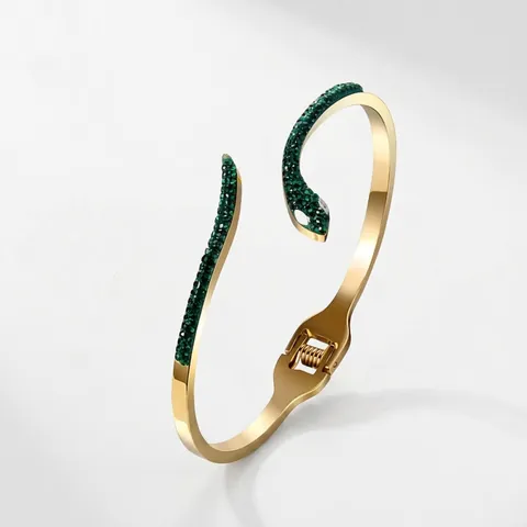 Vintage Luxurious Stainless Steel Snake Bangle For Women Electroplated Rhinestone Inlaid Open Bracelet Fashion Jewelry Gift