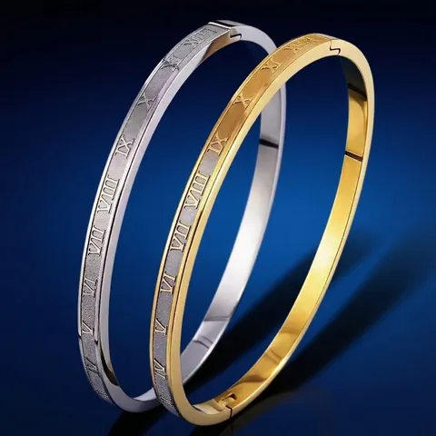 Brazalete Minimalista de Acero Inoxidable para Mujer con Grabado de Números Romanos Joyería de Moda Pulida Oro Plata Oro Rosa