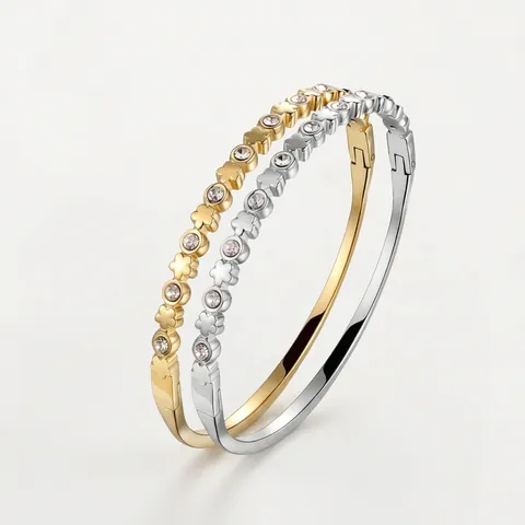 18K Gold Plated Stainless Steel Rhinestone Bangle For Women Heart Star Flower Roman Numerals Hinged Bracelet Fashion Jewelry