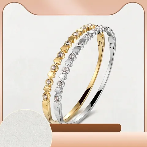 Luxury Stainless Steel Zirconia Star Heart Flower Bangle Bracelet For Women Gold Silver Roman Numeral Inlaid Jewelry
