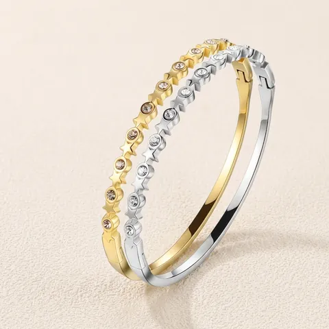 18K Gold Plated Stainless Steel Bangle For Women Rhinestone Star Clover Heart Roman Numerals Hinged Bangle Bracelet Jewelry