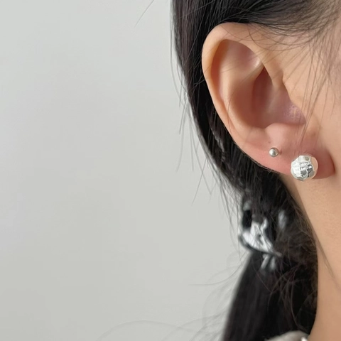 925 Sterling Silver Hammered Stud Earrings Round Ball Textured Retro Minimalist Geometric Ear Jewelry For Women Daily