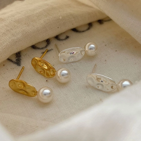 925 Sterlingsilber Unregelmäßige Gehämmert Perle Ohrstecker Für Damen Ins-Stil Gold Silber Galvanisiert Elegant Modeschmuck