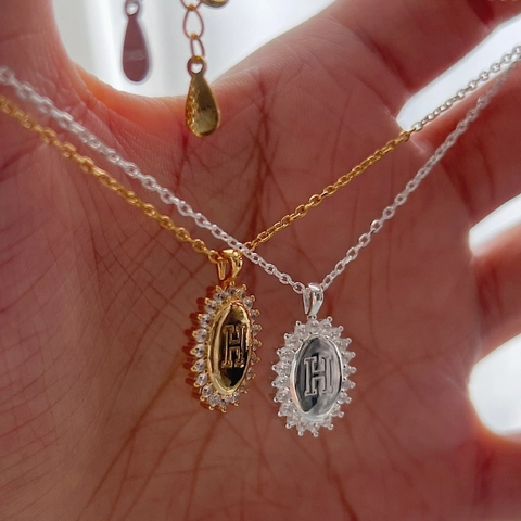 Collar con Colgante Ovalado de Letra H de Plata de Ley 925 para Mujer Incrustación de Strass Oro Plata Cadena de Clavícula Galvanizada