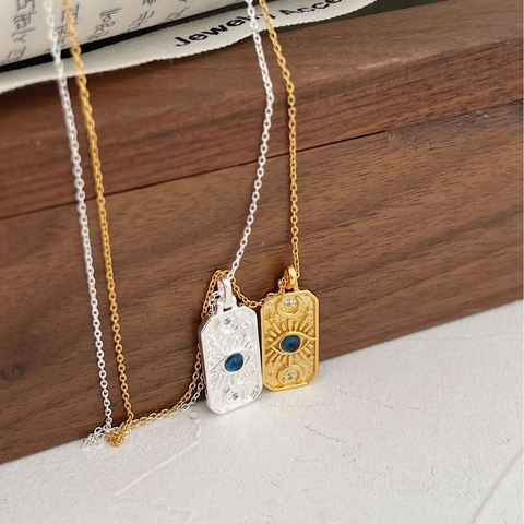 Collar con Colgante de Ojo Turco y Dios del Sol de Plata de Ley 925 Vintage para Mujer Cadena de Clavícula Rectangular de Strass