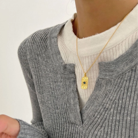 Collar con Colgante de Ojo Turco y Dios del Sol de Plata de Ley 925 Vintage para Mujer Cadena de Clavícula Rectangular de Strass