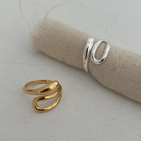 Anello Aperto in Argento Sterling S925 Minimalista Fluido Geometrico a Onde Anello Regolabile per Donna Gioielli Moda Regalo Quotidiano