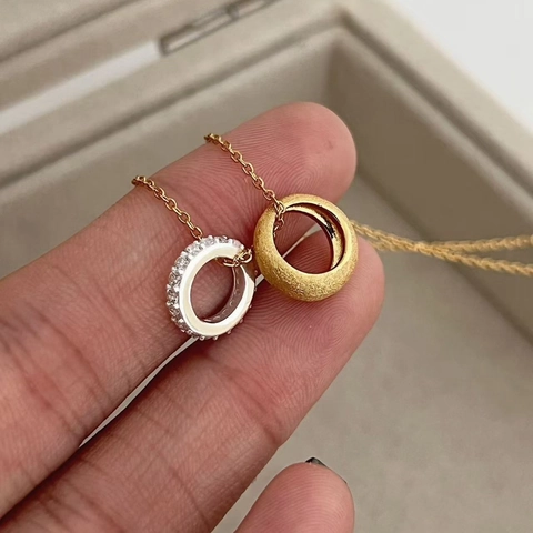925 Sterlingsilber Zweifarbig Doppelring Anhänger Halskette Für Damen Minimalistisch Gebürstet Gold Silber Strass Schlüsselbeinkette Schmuck