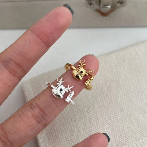 925 Sterling Silver Reindeer Antler Open Ring Cute Christmas Bell Pendant Adjustable Gold Silver Finger Ring For Women Gift