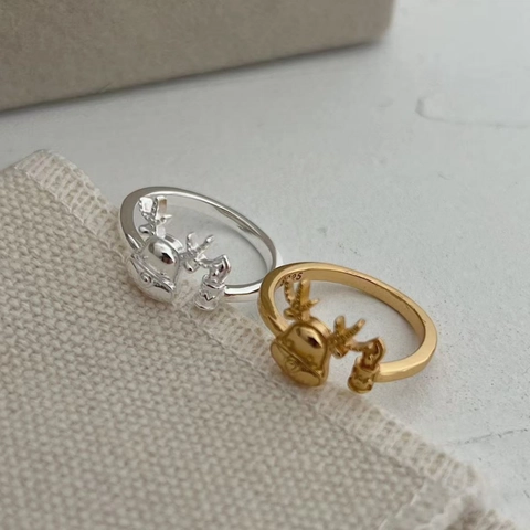 925 Sterling Silver Reindeer Antler Open Ring Cute Christmas Bell Pendant Adjustable Gold Silver Finger Ring For Women Gift