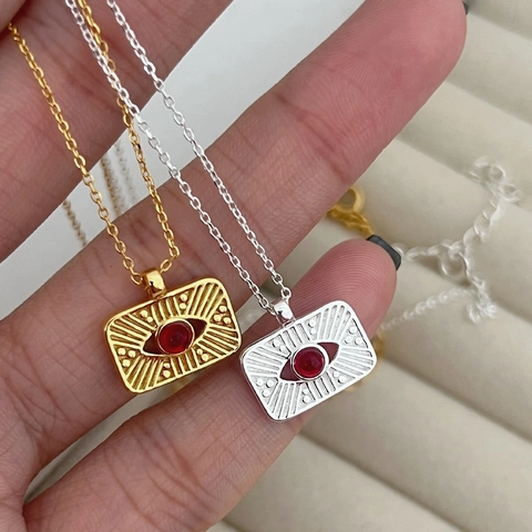 925 Sterling Silver Evil Eye Necklace For Women French Vintage Compass Sun God Pendant Red Rhinestone Rectangular Jewelry