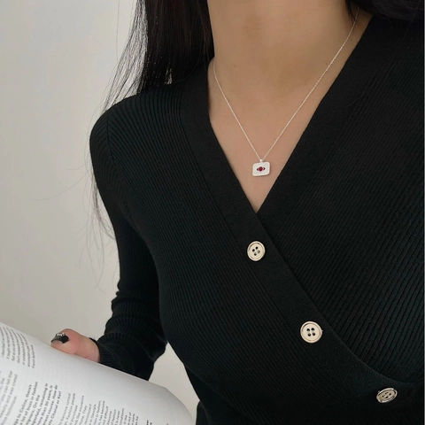 925 Sterling Silver Evil Eye Necklace For Women French Vintage Compass Sun God Pendant Red Rhinestone Rectangular Jewelry