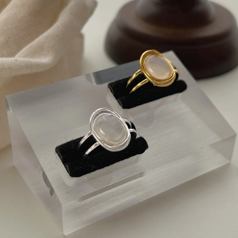 S925 Sterling Silver White Agate Double Layer Open Ring For Women Minimalist Retro Korean Adjustable Finger Jewelry Gift