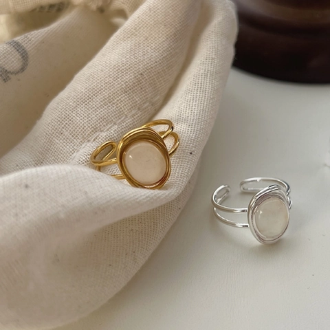 S925 Sterling Silver White Agate Double Layer Open Ring For Women Minimalist Retro Korean Adjustable Finger Jewelry Gift