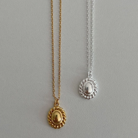 925 Sterling Silver Oval Pendant Necklace For Women Vintage Twisted Rope Edge Minimalist Korean Style Elegant Jewelry Necklace