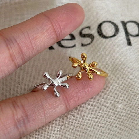 925 Sterling Silver Liquid Metal Splash Ring Adjustable Open Ring Polished Gold Silver Flower Splatter Fashion Jewelry