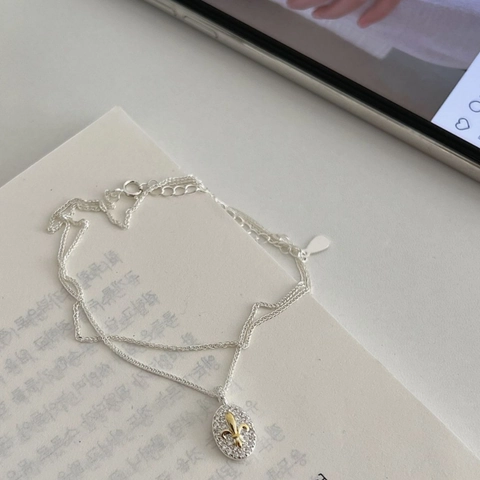 Vintage 925 Sterlingsilber Fleur-de-Lis Ovaler Anhänger Halskette Für Damen Doppellagig Strass Französischer Stil Schmuck