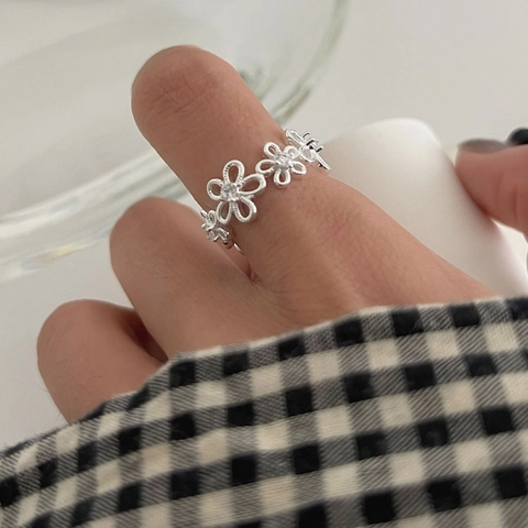 S925 Sterling Silver Hollow Flower Eternity Band Ring With Rhinestones Full Star Stackable Adjustable Open Finger Ring Jewelry For Women